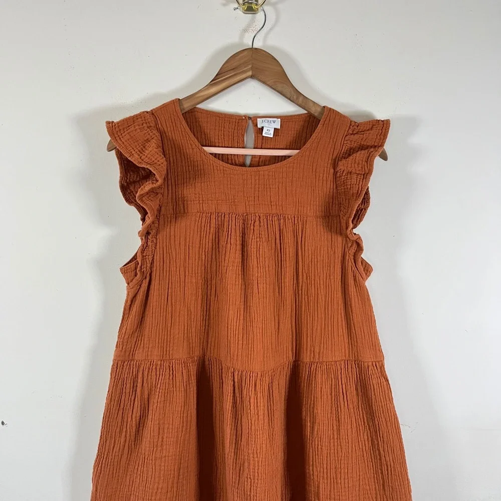 J. Crew Cotton Gauze Tiered Babydoll Mini Dress Orange Ruffle Sleeves Womens 10